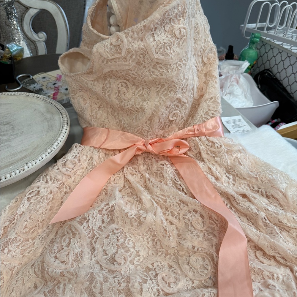 Rare Editions Peach Lace Dress with Pink Sash